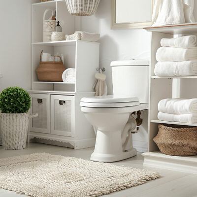 white toilet with its lid up, next to it is an open shelf holding towels and some beige storage boxes. The bathroom has light grey tiles on the floor and walls, and there is a small green plant in fro